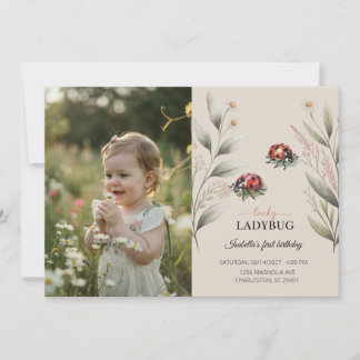 Invitación Cumpleaños de Lucky Ladybug Photo Floral Girl 1st