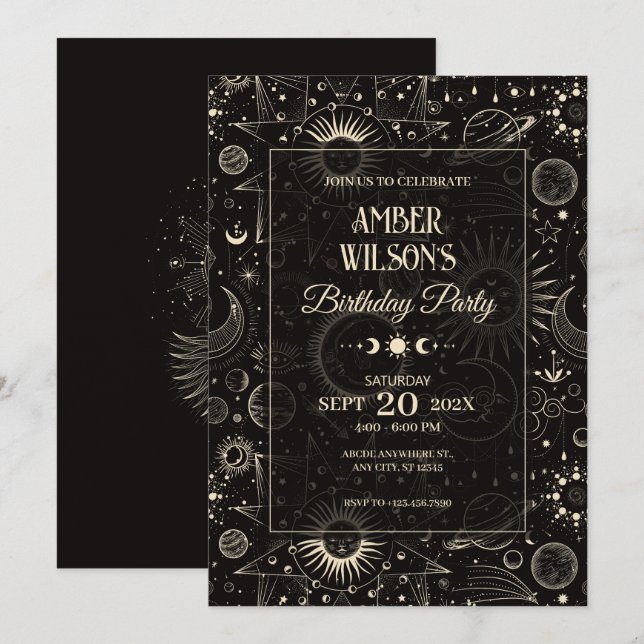 Invitación Cumpleaños de luna astrológica misiva universal (Anverso / Reverso)