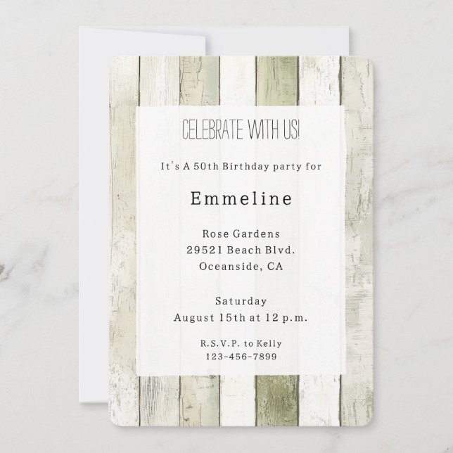 Invitación Cumpleaños de madera falsa verde rústico blanco (Anverso)