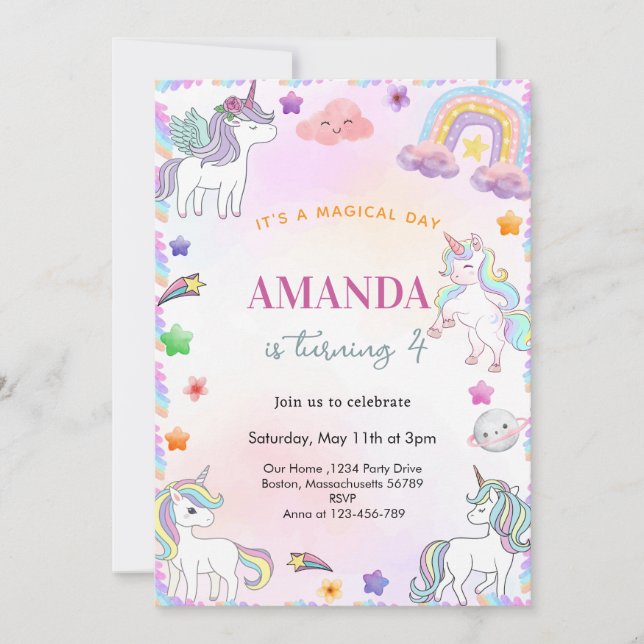 Invitación Cumpleaños de Magia Watercolor Unicornio (Anverso)