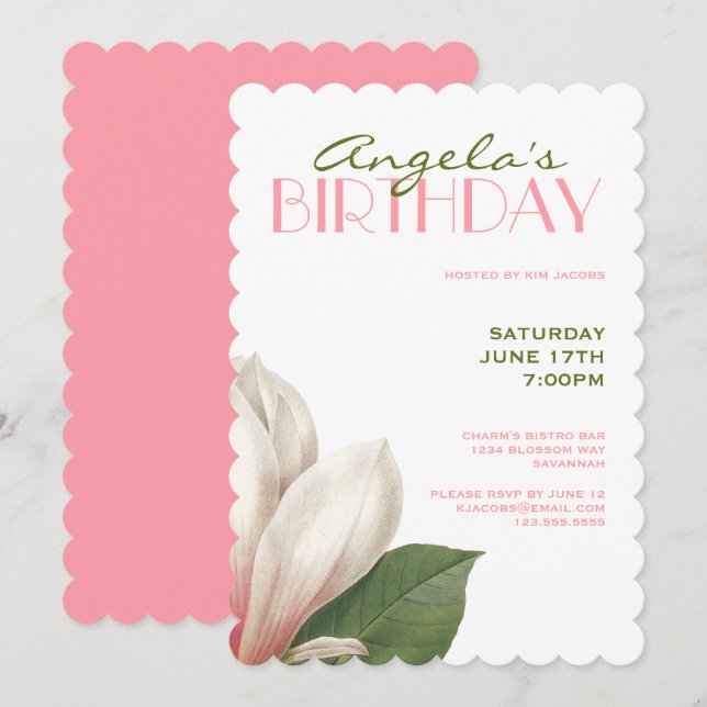 Invitación Cumpleaños de Magnolia Meridional| Blanco verde ro (Anverso / Reverso)