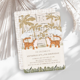 Invitación Cumpleaños de Mahjong Roaring Tigers Beige Chinois