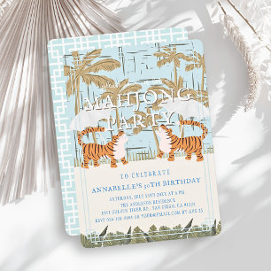 Invitación Cumpleaños de Mahjong Roaring Tigers Blue Chinoise