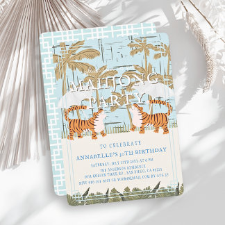 Invitación Cumpleaños de Mahjong Roaring Tigers Blue Chinoise