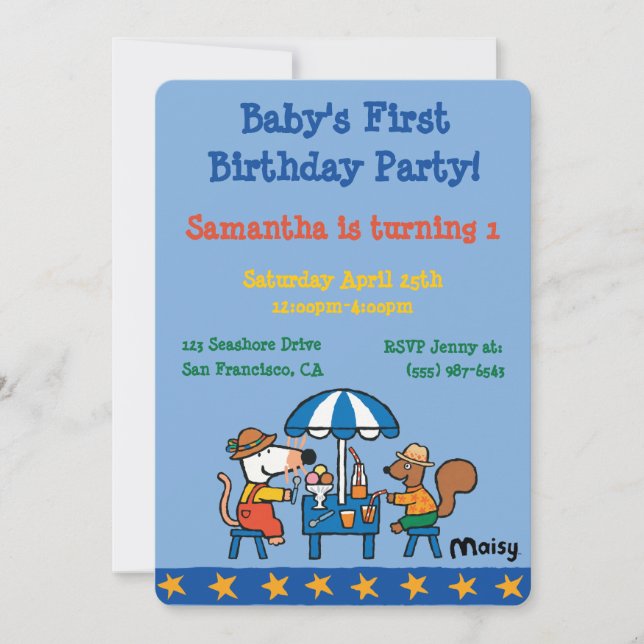 Invitación Cumpleaños de Maisy y Cyril (Anverso)