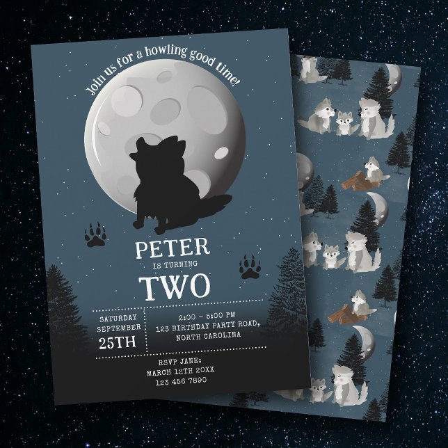 Invitación Cumpleaños de manada de lobos adorables en el bosq (Cute Wolf Pack Woodland Moon Howling Birthday Invitation)