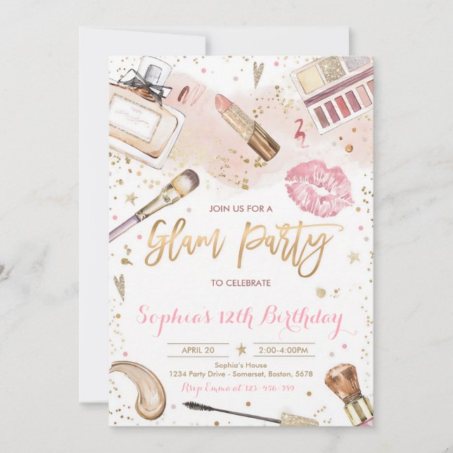 Invitación Cumpleaños de Maquillaje Glam Spa Rosa Claro (Anverso)