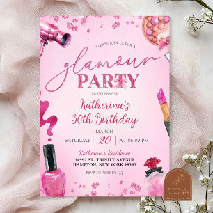 Invitación Cumpleaños de Maquillaje Glamour Brillo Rosa