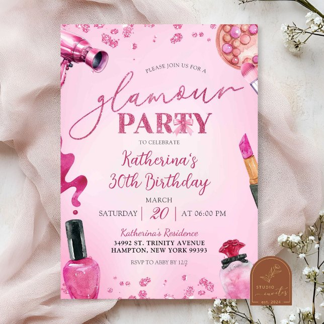 Invitación Cumpleaños de Maquillaje Glamour Brillo Rosa (Subido por el creador)