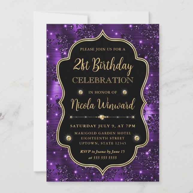 Invitación Cumpleaños de Marco Antiguo de Purpurina Morada El (Anverso)
