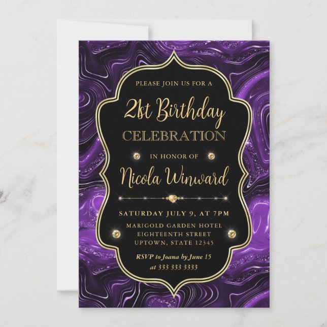 Invitación Cumpleaños de Marco Antiguo de Purpurina Morada El (Anverso)