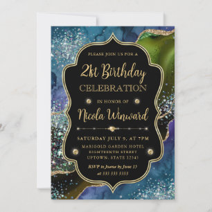 Invitación Cumpleaños de Marco de Ágata Brillante Azul, Verde