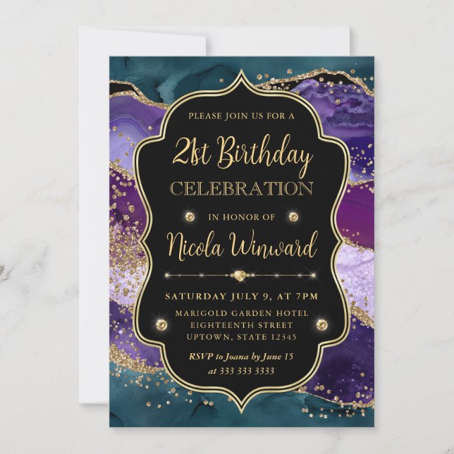Invitación Cumpleaños de Marco de Ágata Brillante Verde Azul, (Anverso)