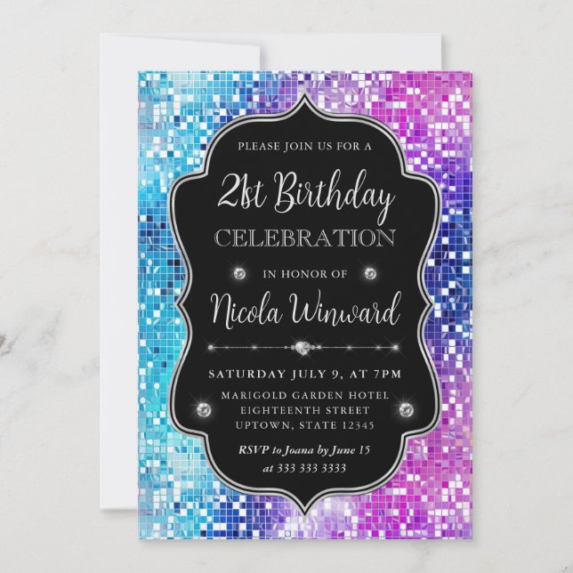 Invitación Cumpleaños de marco de mosaico de sirena azul y mo (Anverso)