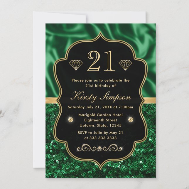 Invitación Cumpleaños de Marco de Oro con Seda Verde Elegante (Anverso)