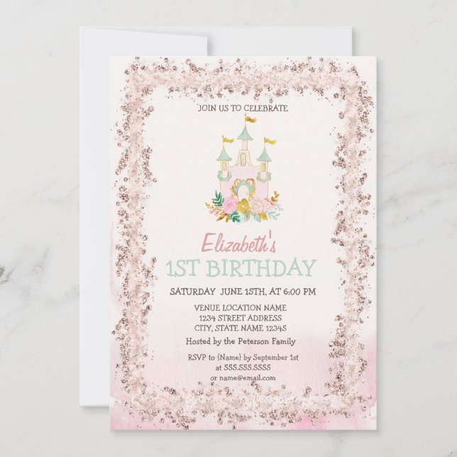 Invitación Cumpleaños de Marco de Purpurina Castillo de Acuar (Anverso)