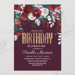 Invitación Cumpleaños de marfil rojo del arreglo floral de