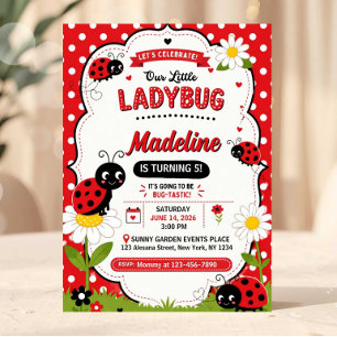 Invitación Cumpleaños de margarita mariquita roja negra linda