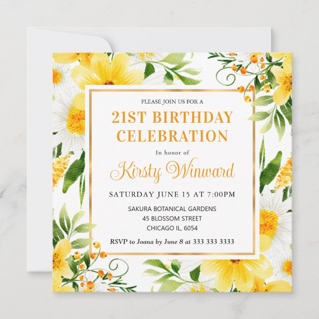 Invitación Cumpleaños de margaritas acuarela y flores amarill (Anverso)