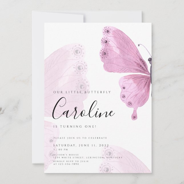 Invitación cumpleaños de mariposa (Anverso)