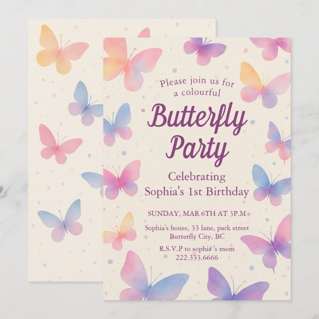 Invitación Cumpleaños de mariposa acuarela 1er año (Anverso / Reverso)