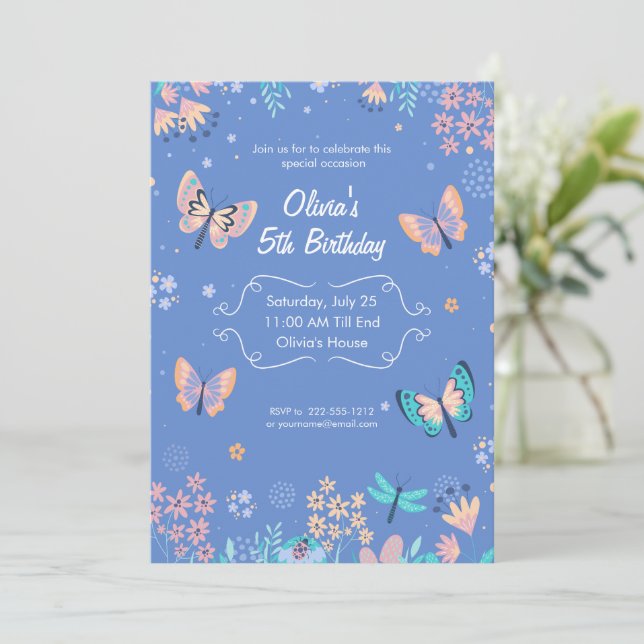 Invitación Cumpleaños De Mariposa Azul Y Rosa, Mariposa Paste (Anverso de pie)