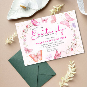 Invitación Cumpleaños de mariposa con brillo floral rosa