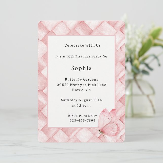 Invitación Cumpleaños de Mariposa con Tejido de Cesta Falsa R (Anverso de pie)