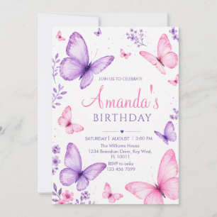 Invitación Cumpleaños de Mariposa de Acuarela Rosa y Púrpura