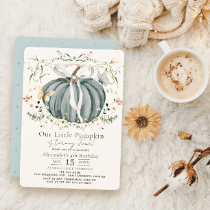 Invitación Cumpleaños de Mariposa de Calabaza Azul y Flor Sil