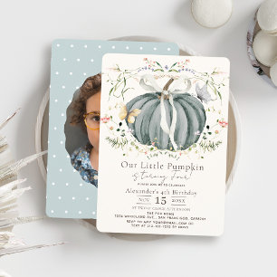 Invitación Cumpleaños de Mariposa de Calabaza Azul y Foto de 