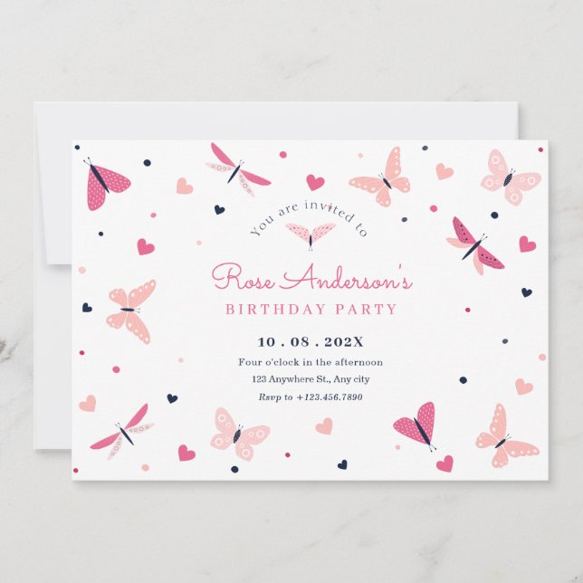 Invitación cumpleaños de mariposa de corazón rosado (Anverso)