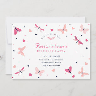 Invitación cumpleaños de mariposa de corazón rosado
