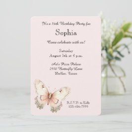 Invitación Cumpleaños de Mariposa de Crema Rosa Rubor