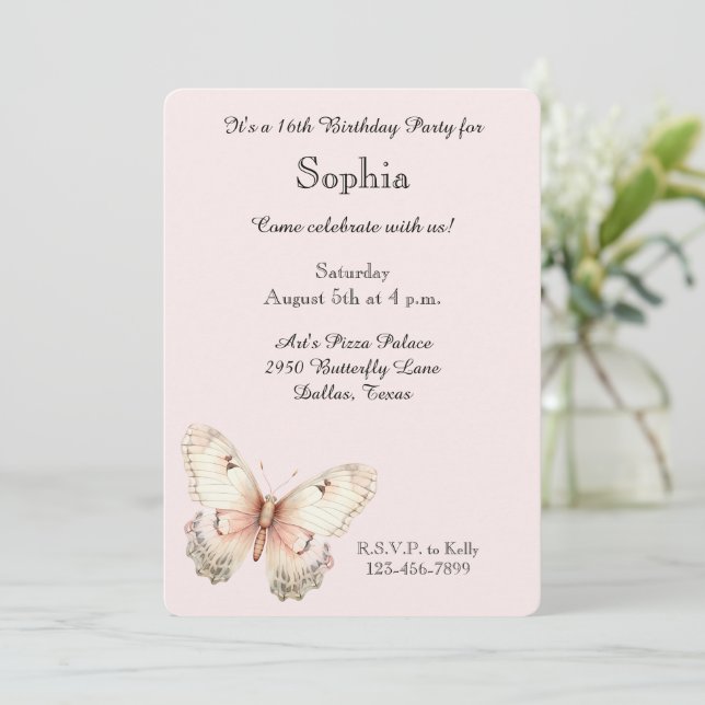 Invitación Cumpleaños de Mariposa de Crema Rosa Rubor  (Anverso de pie)