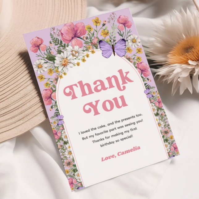Invitación Cumpleaños de Mariposa de Flor Silvestre Agradecim (Wildflower Butterfly Birthday Thank You)