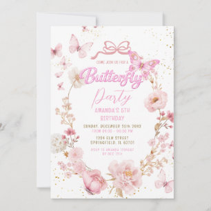 Invitación Cumpleaños de Mariposa de Jardín de Purpurina Rosa
