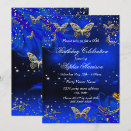 Invitación Cumpleaños de mariposa de oro azul real con destel