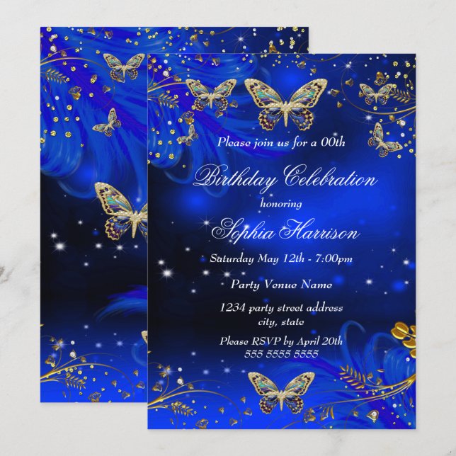 Invitación Cumpleaños de mariposa de oro azul real con destel (Anverso / Reverso)