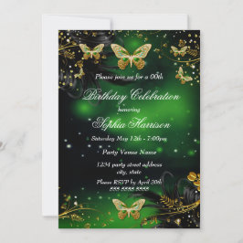 Invitación Cumpleaños de mariposa dorada verde destellante