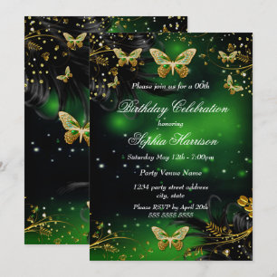 Invitación Cumpleaños de mariposa dorada verde destellante