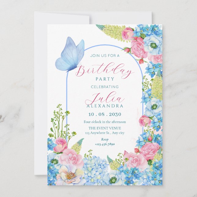 Invitación cumpleaños de mariposa en flor rosa azul (Anverso)
