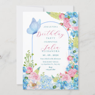 Invitación cumpleaños de mariposa en flor rosa azul