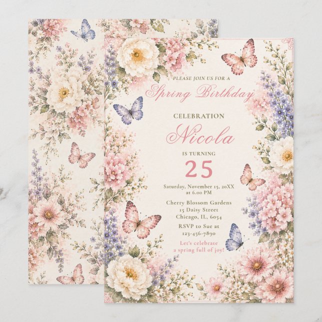 Invitación Cumpleaños de Mariposa Floral (Anverso / Reverso)