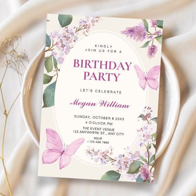Invitación Cumpleaños de mariposa floral de lila (Subido por el creador)
