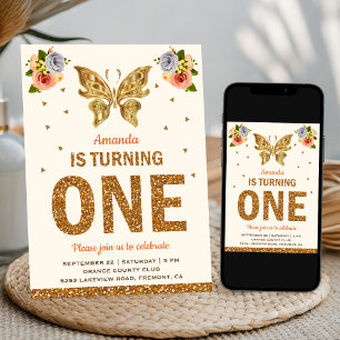 Invitación Cumpleaños de Mariposa Floral de Oro Falso Primero