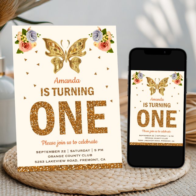 Invitación Cumpleaños de Mariposa Floral de Oro Falso Primero (Subido por el creador)