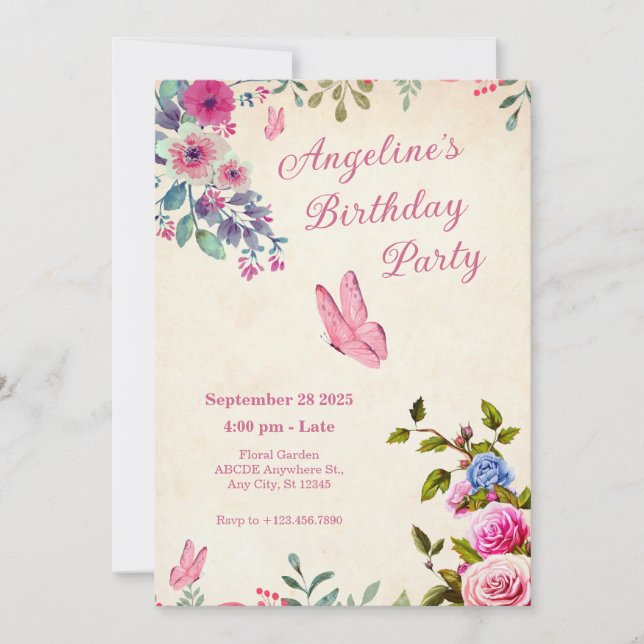 Invitación Cumpleaños de mariposa floral rosa (Anverso)