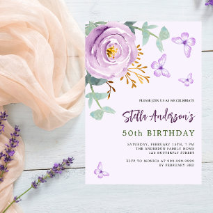 Invitación cumpleaños de mariposa floral rosa púrpura de Lila