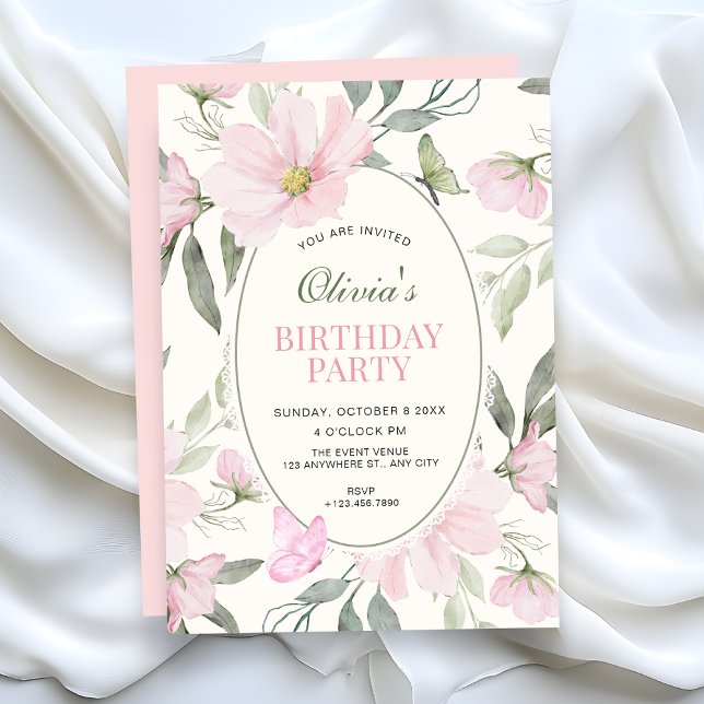 Invitación Cumpleaños de mariposa floral suave rosa (Subido por el creador)
